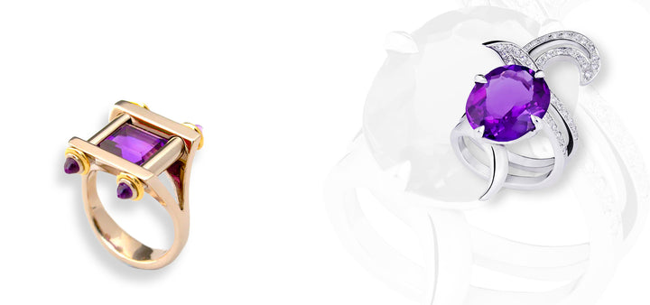 Amethyst Bullet Ring and Deadly Nightshade Amethyst Ring by Alexander Davis Jewellery London