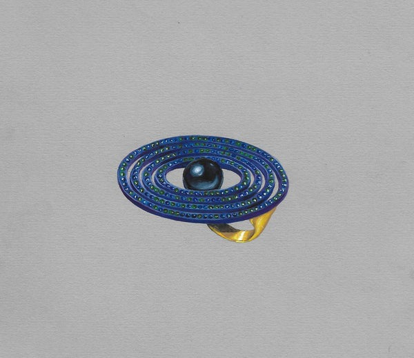 SATURN RING IN 18CT YELLOW GOLD AND COLOURED TITANIUM, SET WITH TAHITIAN PEARL, SAPPHIRES AND EMERALDS by Alexander Davis Jewellery in London