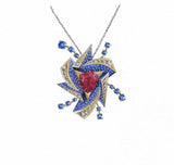 TRILLION RUBELLITE TOURMALINE PENDANT, SET IN 18CT YELLOW GOLD AND COLOURED TITANIUM, WITH SAPPHIRES AND DIAMONDS by Alexander Davis Jewellery London