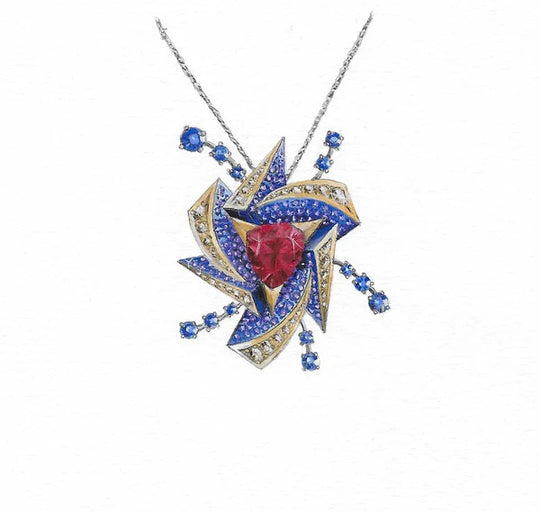 TRILLION RUBELLITE TOURMALINE PENDANT, SET IN 18CT YELLOW GOLD AND COLOURED TITANIUM, WITH SAPPHIRES AND DIAMONDS by Alexander Davis Jewellery London